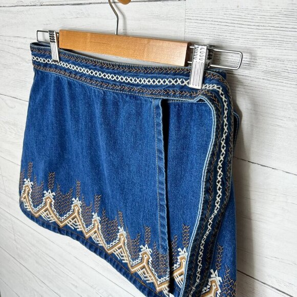 Free People Skirt Womens Size 0 Dream Away Denim Embroidered Wrap Tie Aztec - Picture 9 of 16